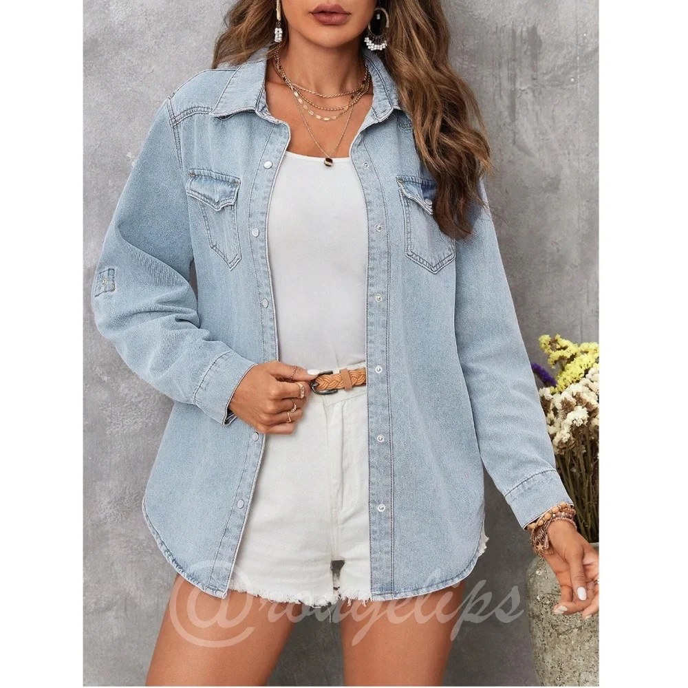 Light Wash Blue Flap Pocket Roll Tab Long Sleeve Denim Button Up Down Shirt - Picture 5 of 6